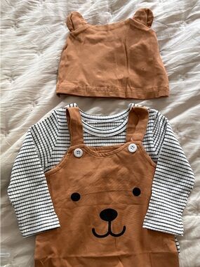 Brown Bear Overalls & Striped Bodysuit Set for Baby Size 3 Months